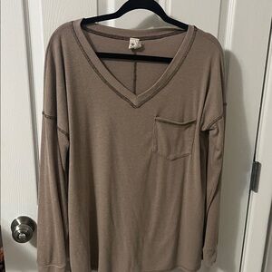 Sew In Love V-Neck Long Sleeve Sweatshirt - Tan